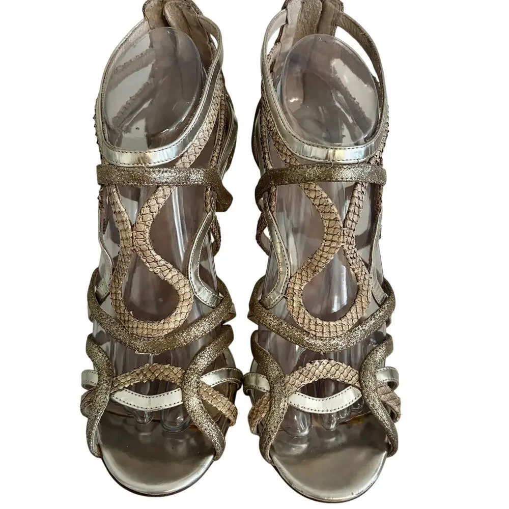 COACH Lancaster Metallic Leather Strappy Cage Gladiator Heel Sandals Luxury 9